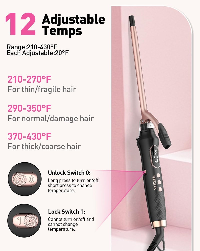 Yeegor 3/8 inch Thin Curling Iron,Extra Long Barrel Culing Wannd Ceramic,100-240V Dual Voltage Small Curling Iron for Tight Curls,12 Temps - Image 3